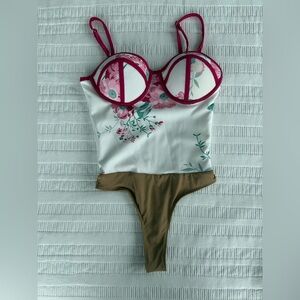 Floral Bodysuit and skirt with Pink and Brown Accents